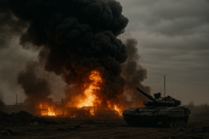 a military tank on fire